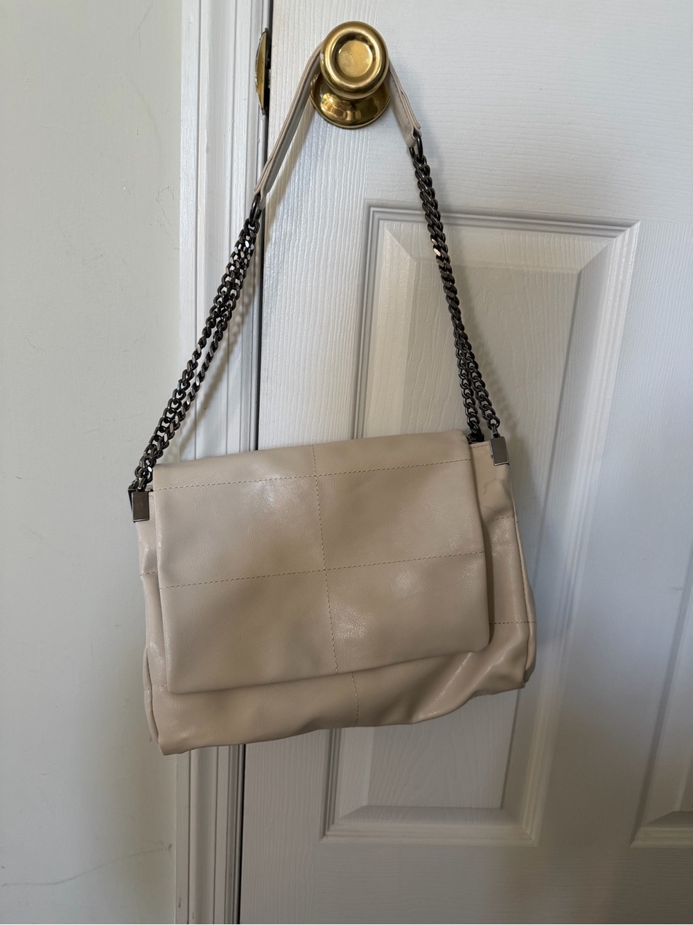 Zara Beige Leather Shoulder Bag with Dark Chain Strap